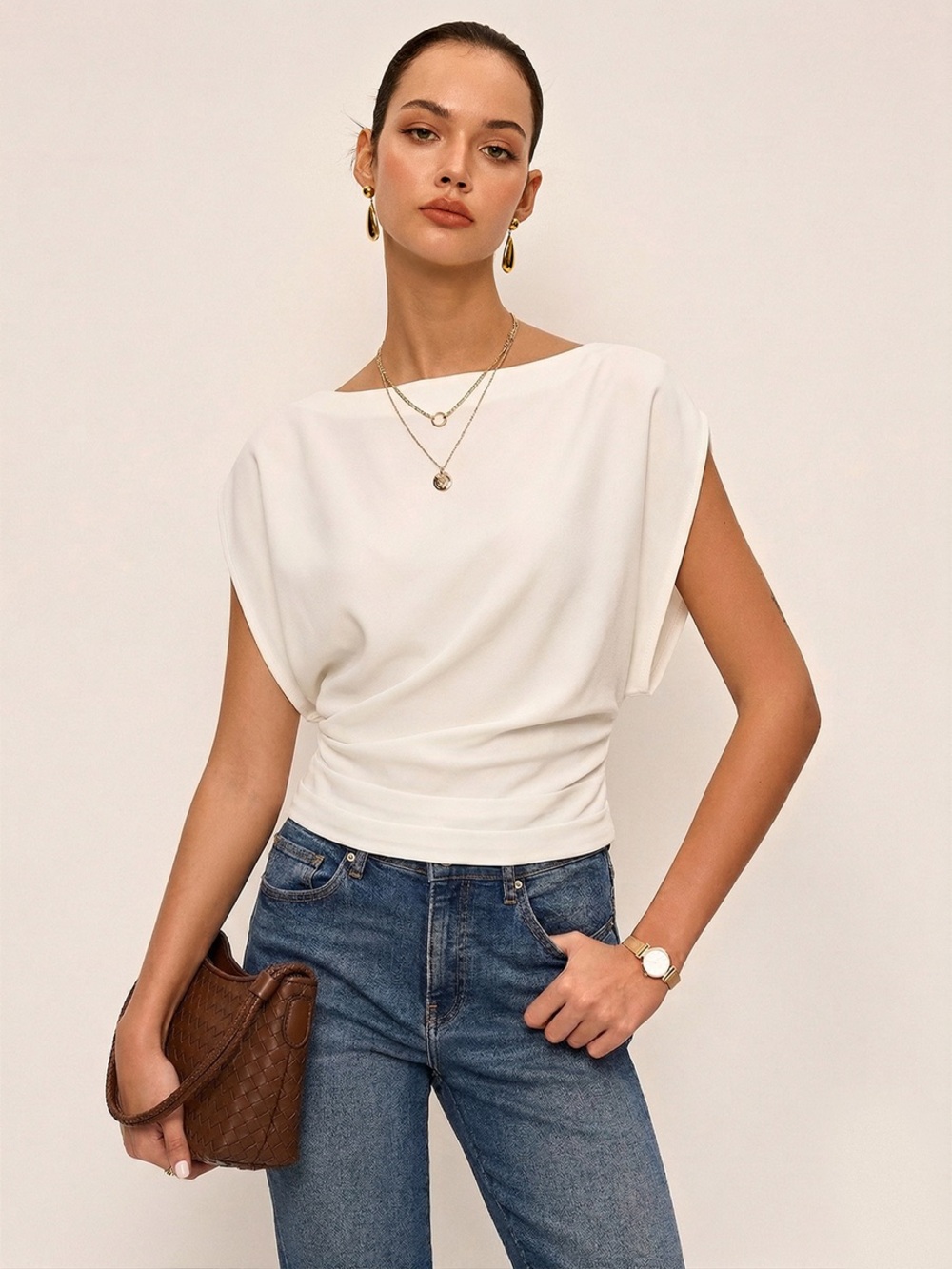 Commense Ruched Cinched Waist Boat Neck Blouse